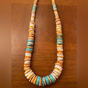 Native American Made Necklace Turquoise Heishi,Orange & White Spiny Oyster Shell